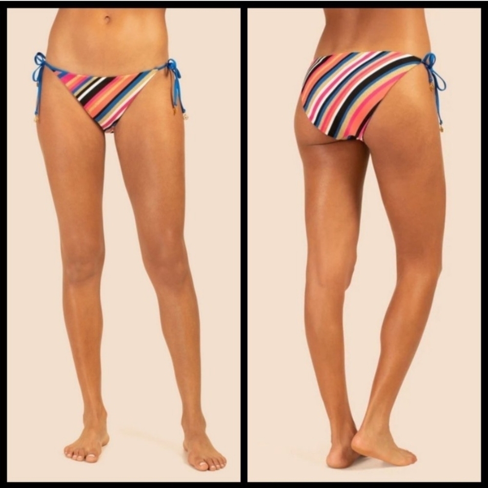 Trina Turk Lux Piqué Tie Side Pant Bikini Bottom Metallic Gold Blue Pink - Picture 14 of 17